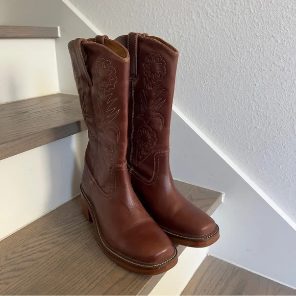 NWOB Frye Free People Kate Deco Stich Embroidered Stitch Boots in Auburn Brown - Picture 5 of 9